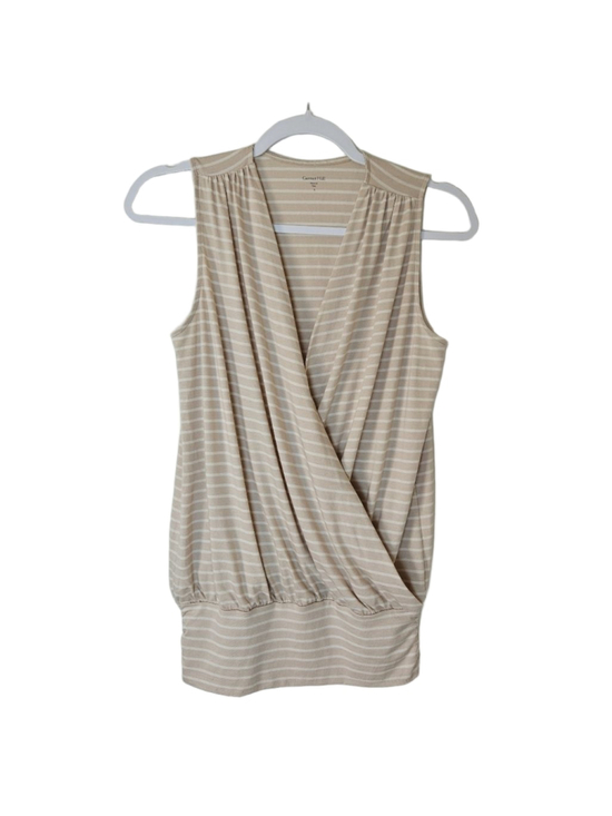 Garnet Hill Tops - Garnet Hill Banded Surplice Knit Tank Top S Tan White Striped Wrap Blouson